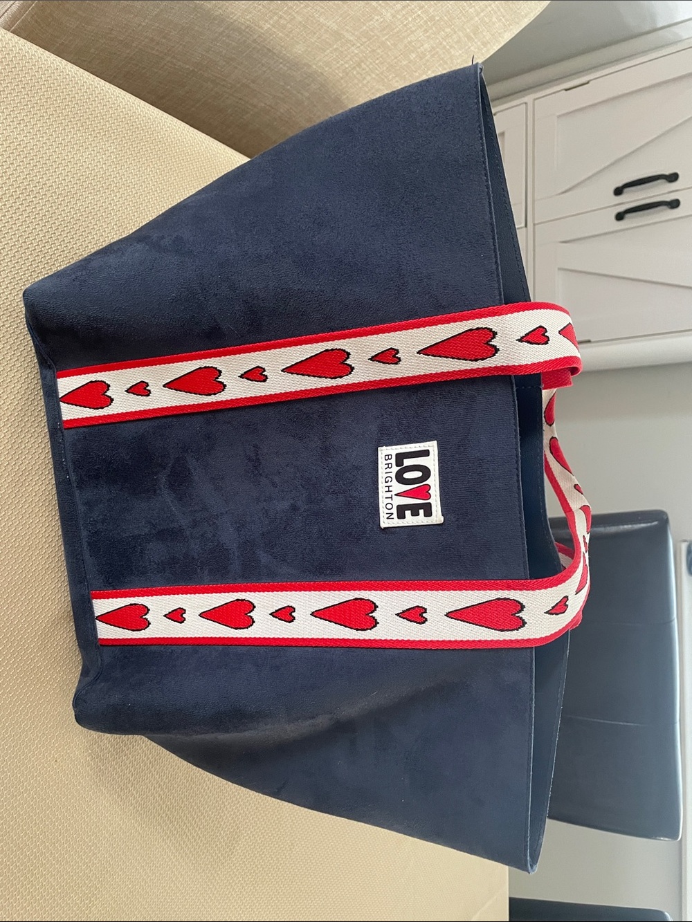 Brighton Navy Tote with Red and White Heart Straps